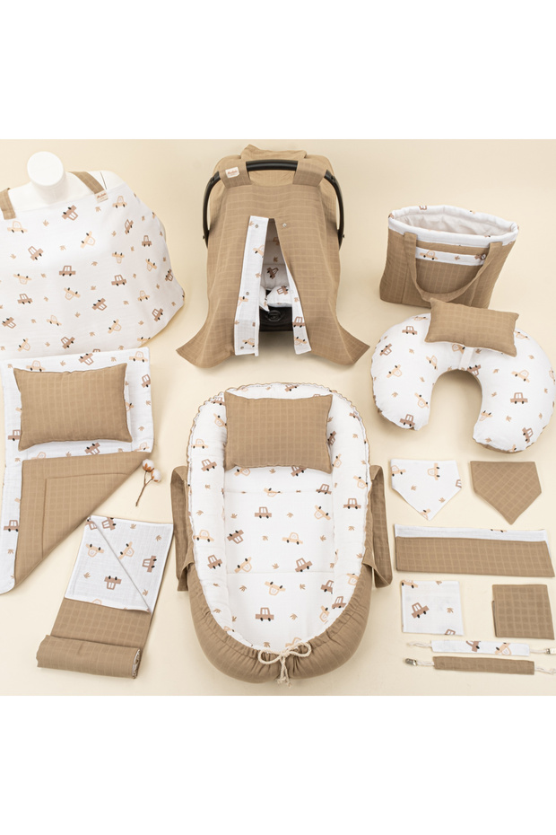 Muslin 18 Piece Stroller Set, Baby Nursing Pillow and Bib - Soil Muslin - Brown Cars