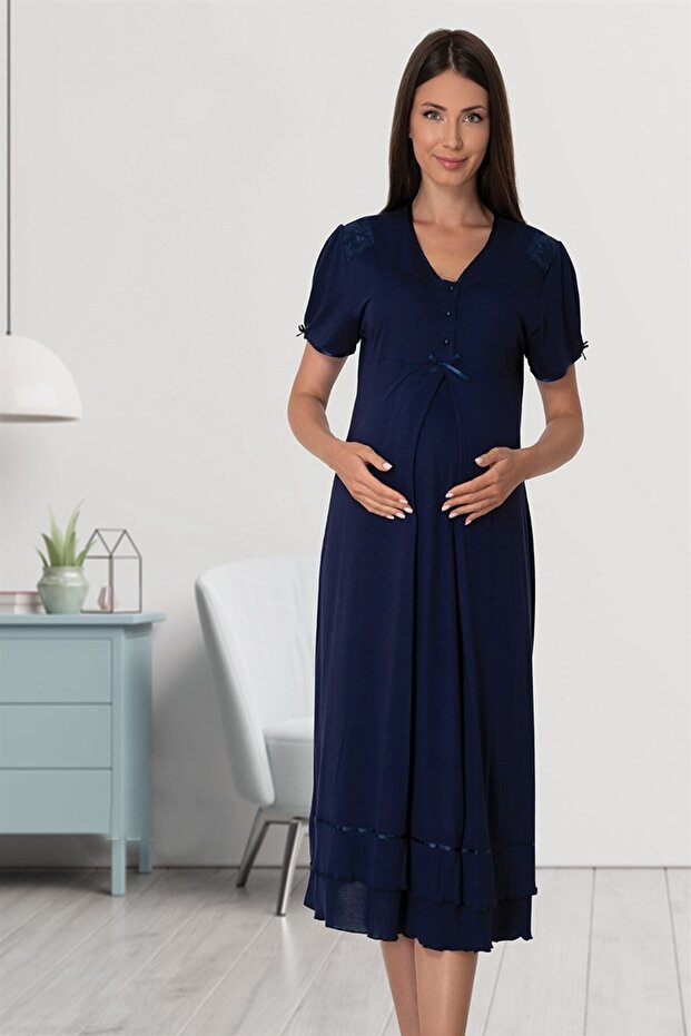 Women's Navy Blue Summer Cotton Combed Maternity Nightgown