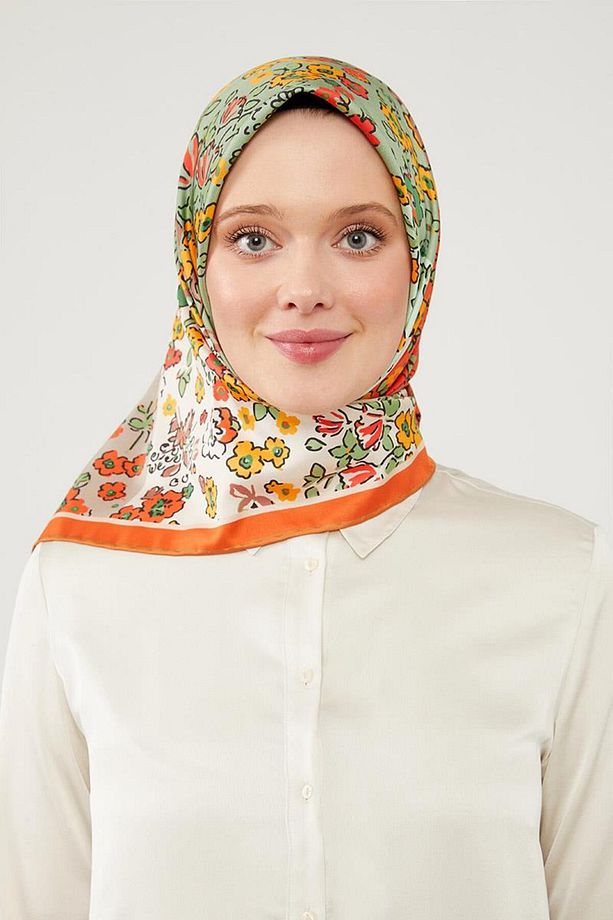 Turuncu Mine Çiçeği Trend Twill Eşarp - 3