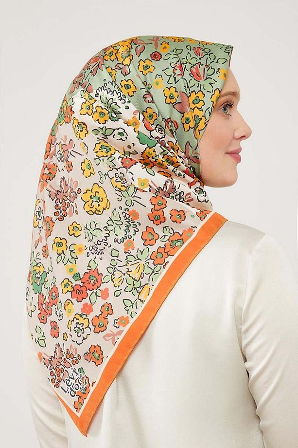 Turuncu Mine Çiçeği Trend Twill Eşarp - 1