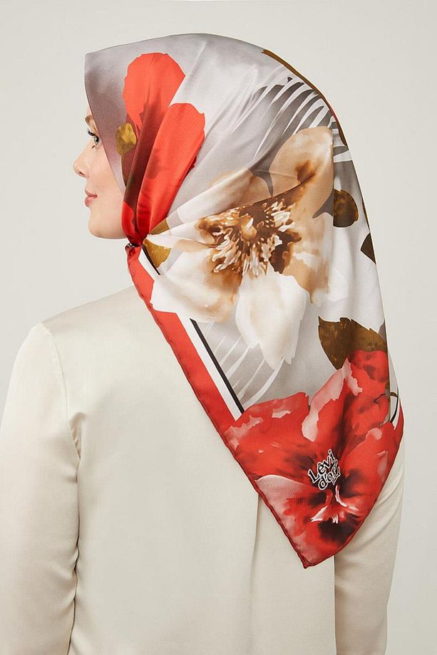 Kırmızı Çiçek Desen Trend Twill Eşarp - 3