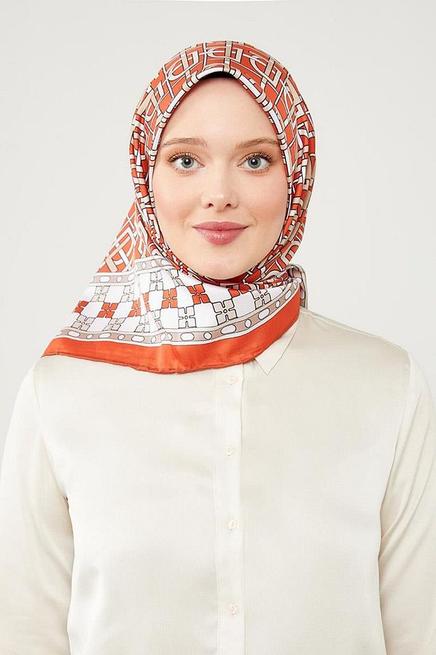 Turuncu Lvd Baskılı Trend Twill Eşarp - 3
