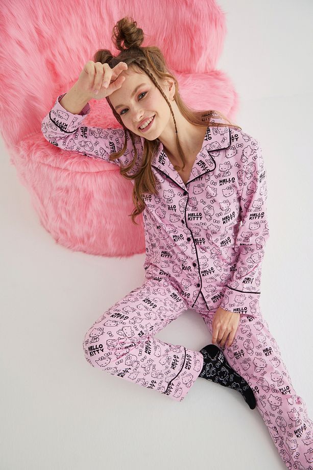 Lisanslı Düğmeli Uzun Kol 100% Pamuklu Pijama Takım Roz-53 - 1
