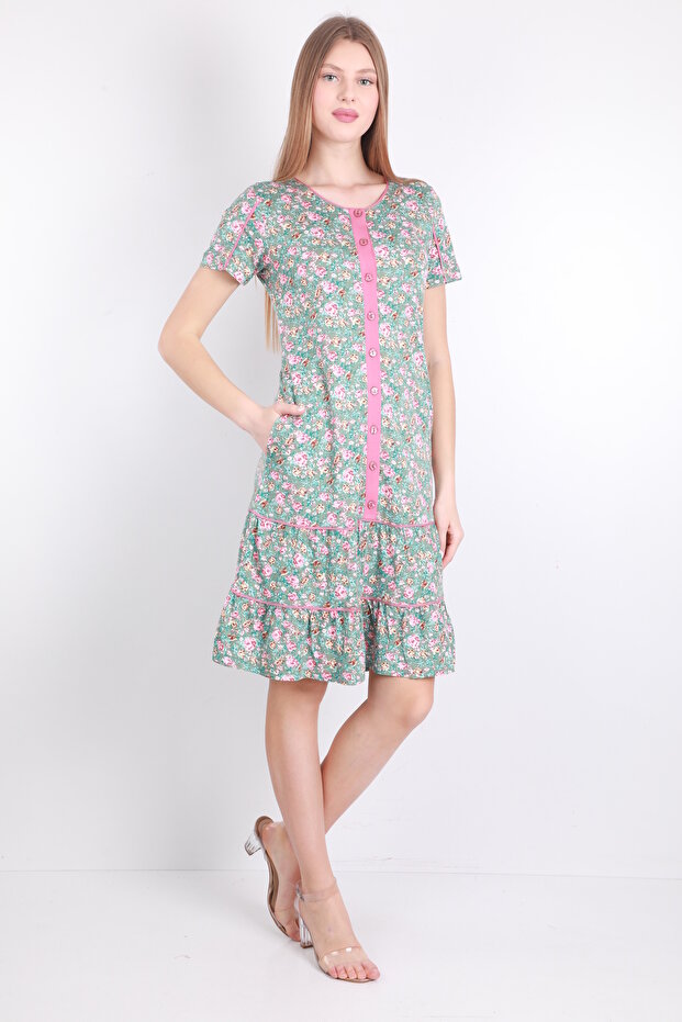 Floral Patterned Buttoned Long Women's Dress