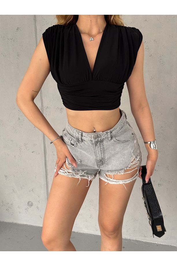 Kadın Siyah Sıfır Kol Derin V Yaka Önü Çift Kat Sandy Kumaş Örme Crop Bluz - 1