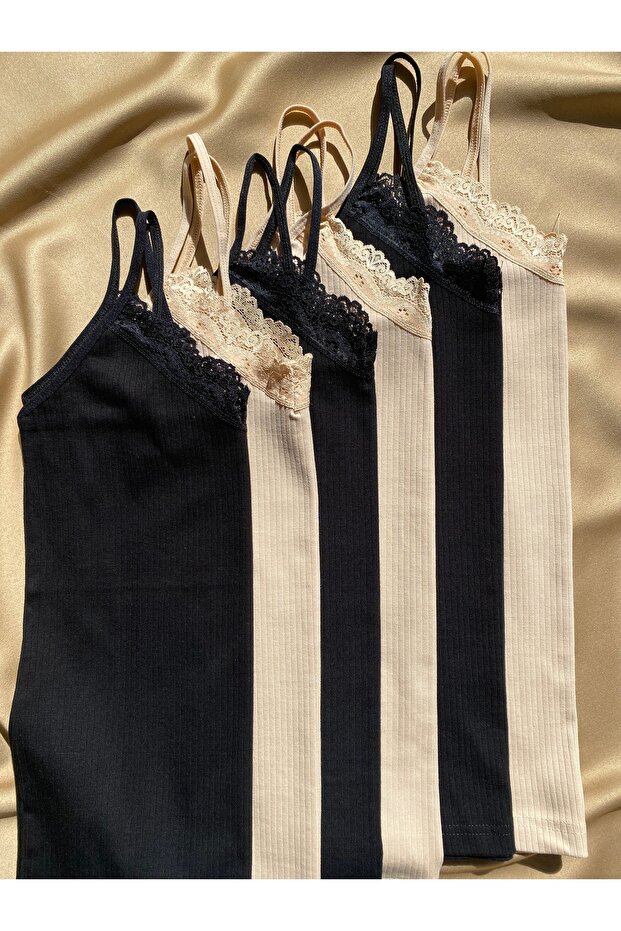 Women's 6 Rope Strap Cotton, Lycra, Lace, Ribbed Undershirt (3 Black - 3 Skin)