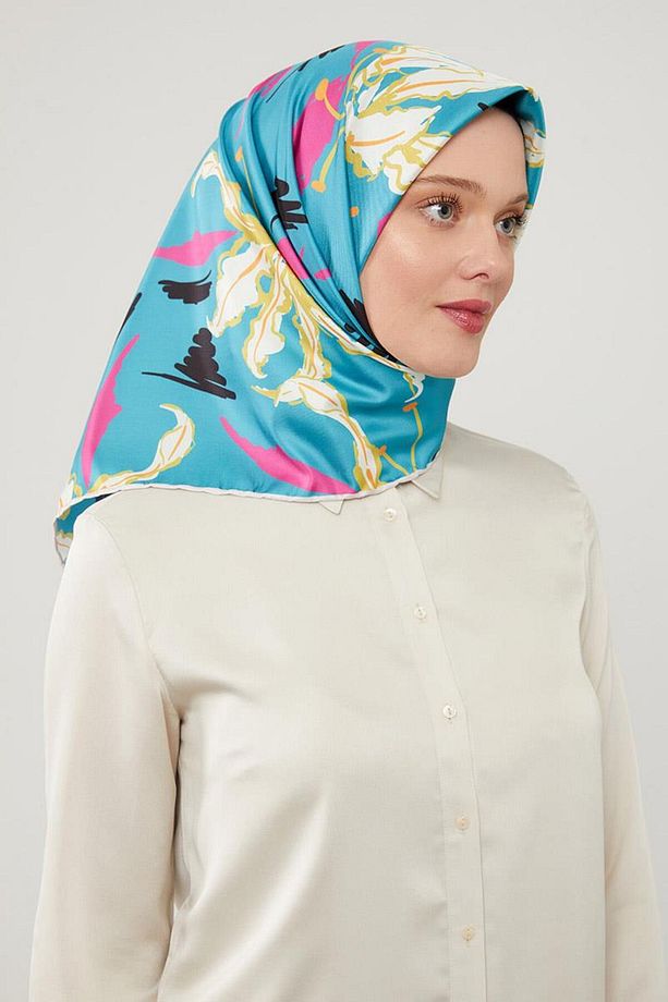 Su Yeşili Yaprak Desen Twill Eşarp - 2