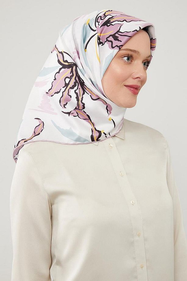 Lila Yaprak Desen Twill Eşarp - 3