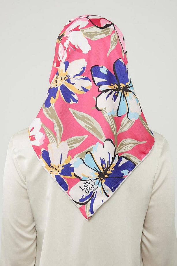 Fuşya Açelya Çicek Desenli Trend Twill Eşarp - 4