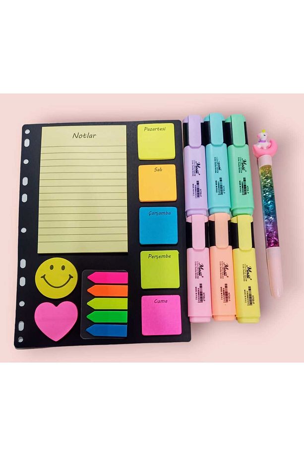 Yapışkanlı Notluk Post-it Seti 6 Lı fosforlu Kalem seti Simli Sulu Jel kalem Set - 1