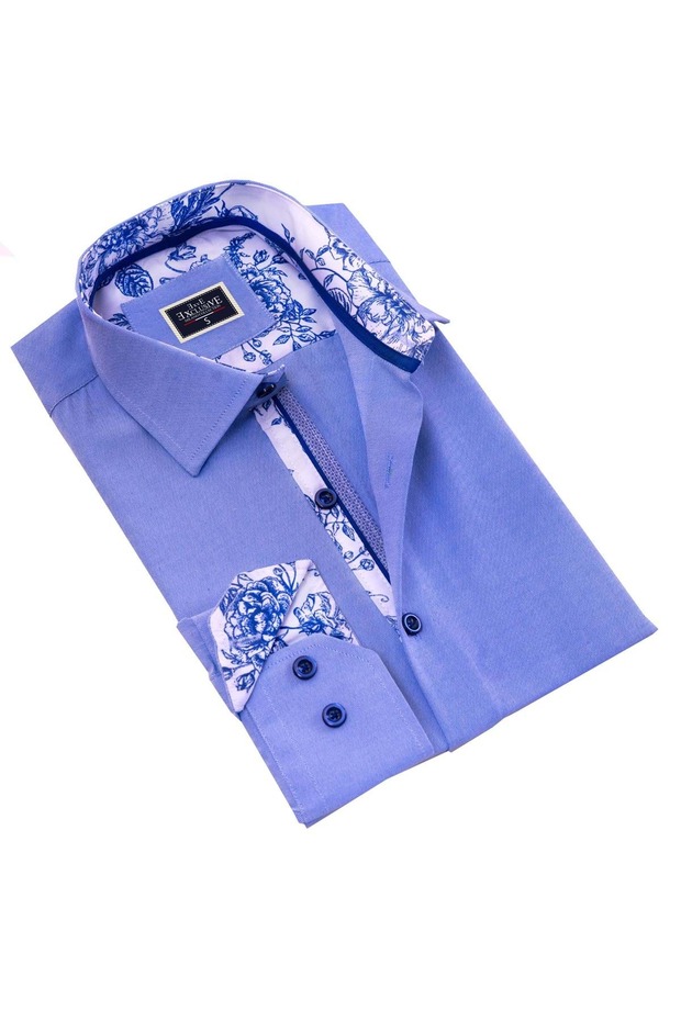 Sky Blue Oxford Slim Fit Shirt with Rose Pattern Detail on Collar and Cuffs