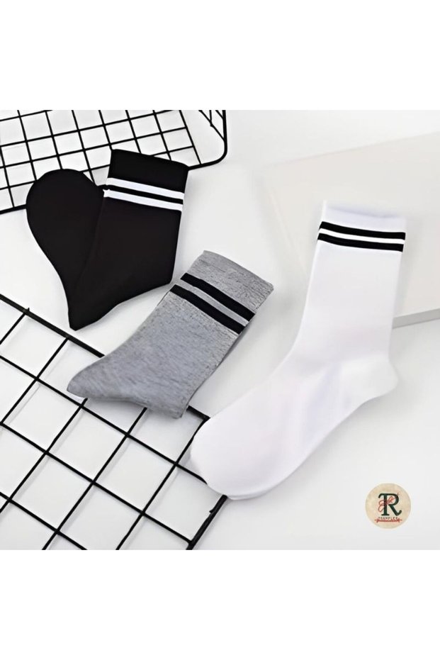 Unisex 6 Pairs Circled Gray Black White Long College Tennis Socks