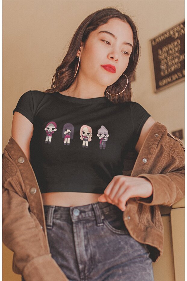 Cartoon Blackpink Members Printed Crop Top, Women's K-Pop Printed Crop Blouse