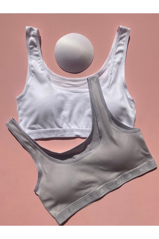 2-Piece White-Grey Corded Cotton Half Tank with Pads (M=70-75,L=80-85,XL=90-95,2XL=100-105)