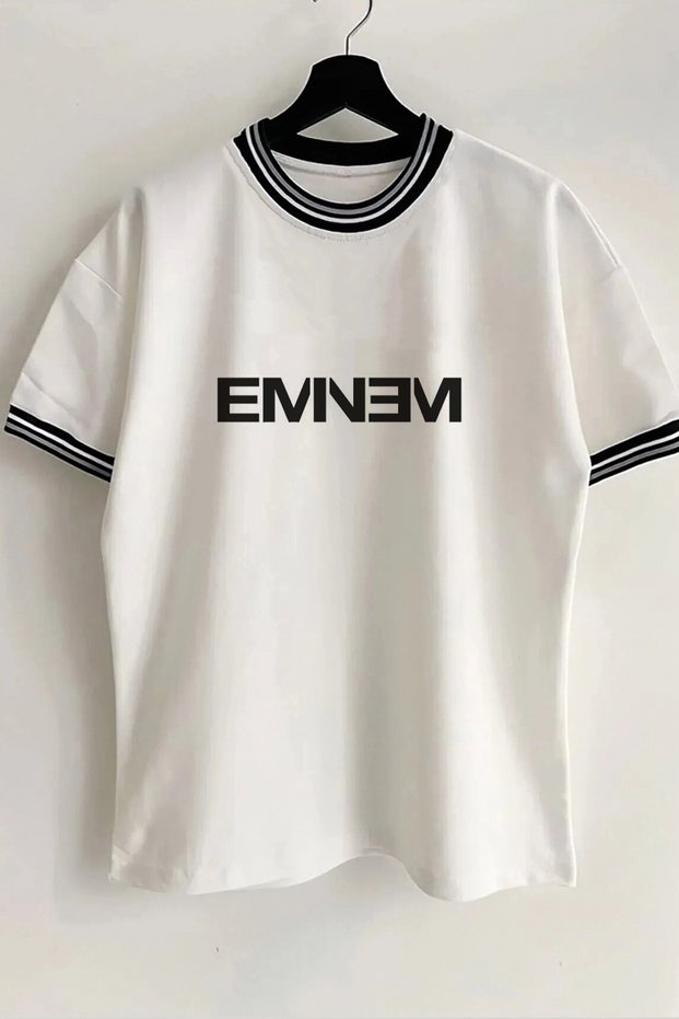 Eminem Printed New Season Collar and Sleeve Detailed Ribbed White Oversize Unisex T-shirt