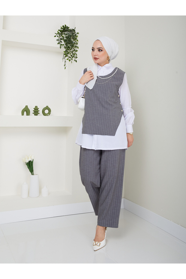 WOMEN'S NECKLACE DETAIL SHIRT COLLAR STRIPED TRIPLE VEST SET