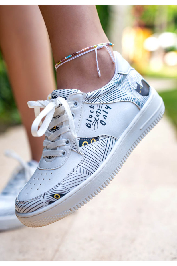 Women's Vegan Leather White Sneakers - Black Cats Only Design