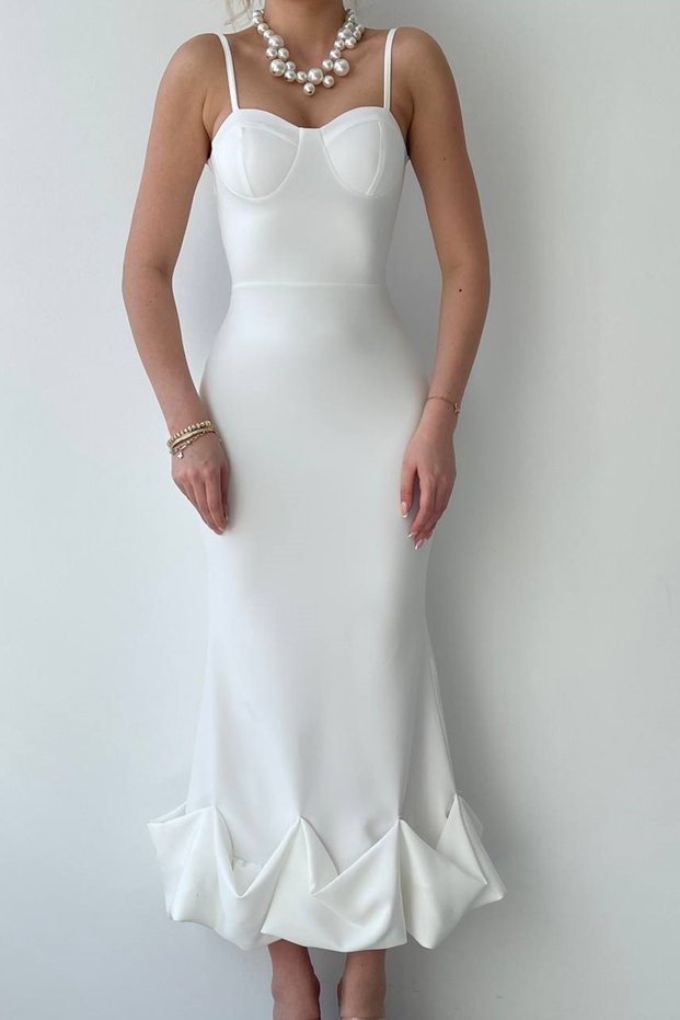 Atlas Fabric Chest Padded Skirted Flounces Midi Length Pencil Cutout White Evening Dress 161