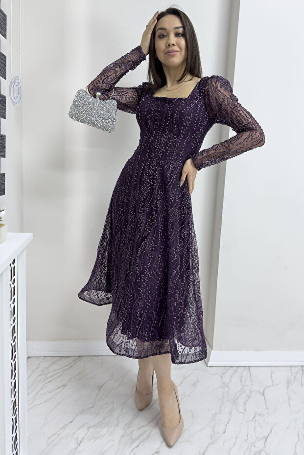 Square Collar Glittery Embroidered Flared Evening Dress Indigo, Purple