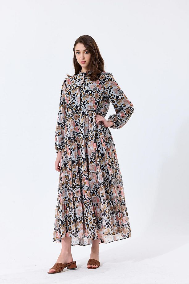 Leopar Desenli Kuşak Detaylı Astarlı Şifon Donna Elbise Kahve - 5