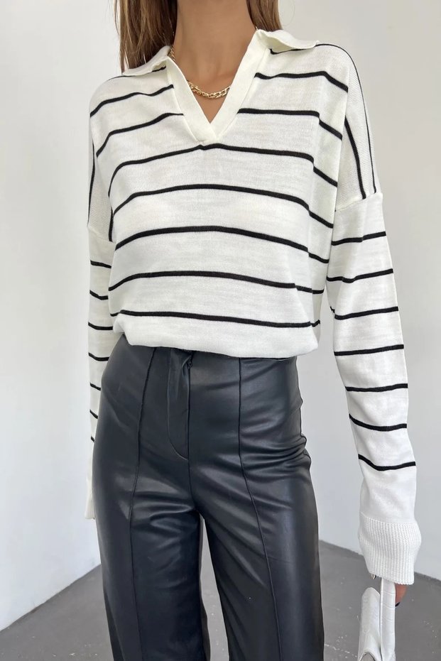 Women's Ecru Black Striped Polo Neck Oversize Knitwear Sweater CHN1962