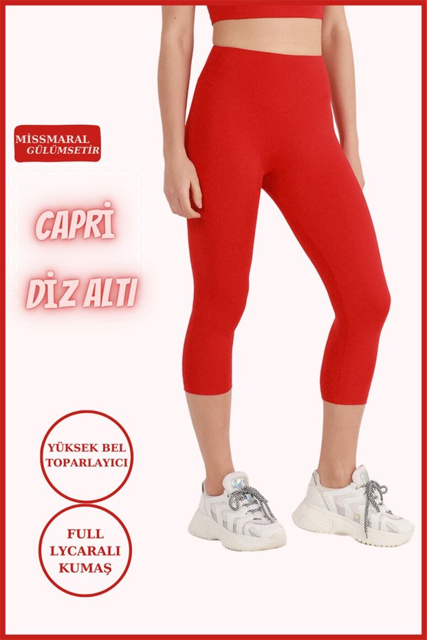 Women's Capri Tights Red Below the Knee High Waist Recovery Skinny Leg Cot Stitching Detailed Capri 1020