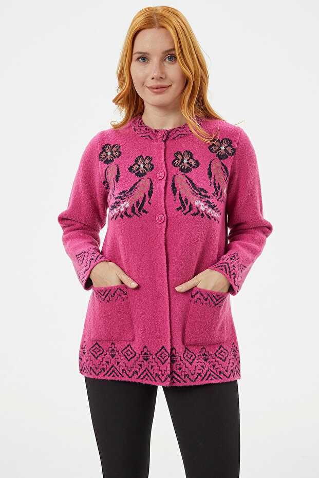 Richter Collar Colorful Patterned Knitwear Cardigan - Fuchsia