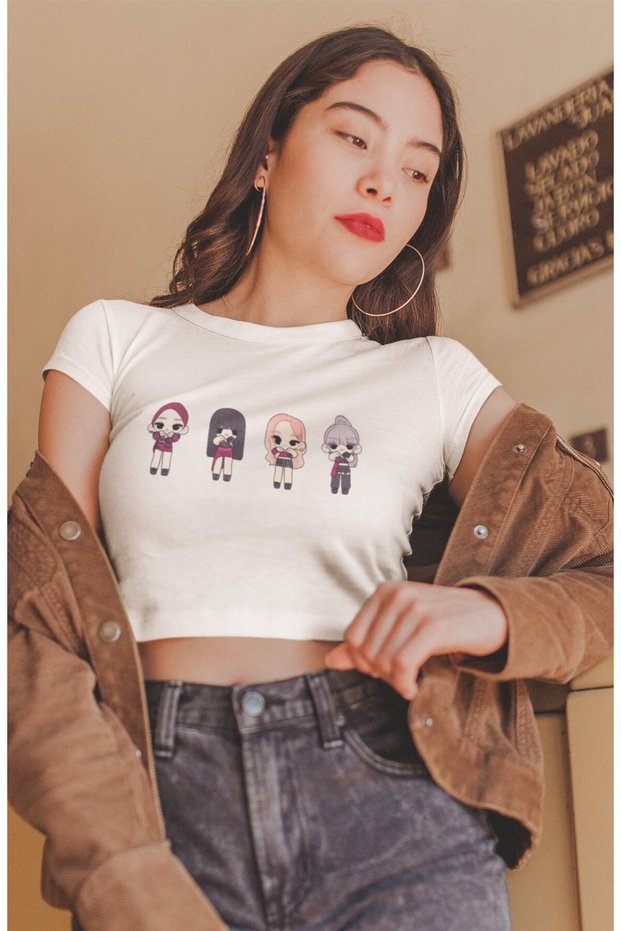 Cartoon Blackpink Members Printed Crop Top, Women's K-Pop Printed Crop Blouse