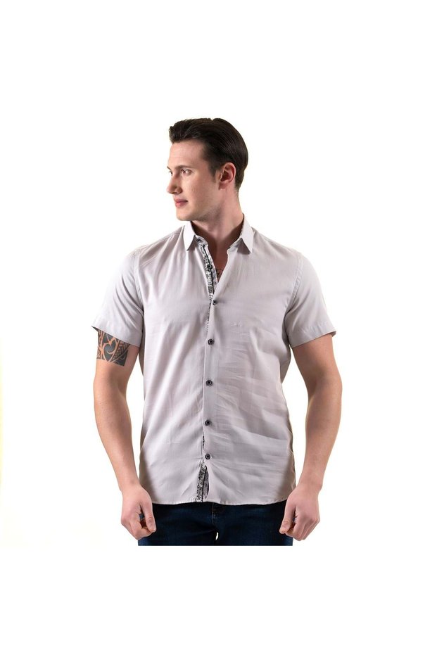 Gray Cotton Slim Fit Short Sleeve Summer Shirt with Floral Print Detail on the Collar and Chest Garni Patch