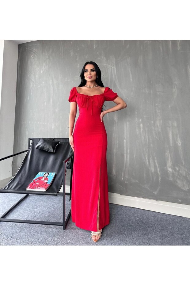 Women's Chest Draped Aerobin Fabric Slit Maxi Dress