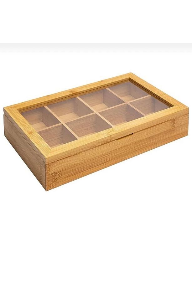Bambu 8 Bölmeli Çay Kutusu Organizatörü Menteşeli Kapaklı Çay Poşeti Saklama Kutusu 30x20x9cm. - 2