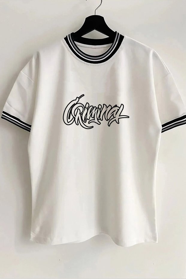 Criminal Text Printed New Season Collar and Sleeve Detailed Ribbed White Oversize Unisex T-shirt