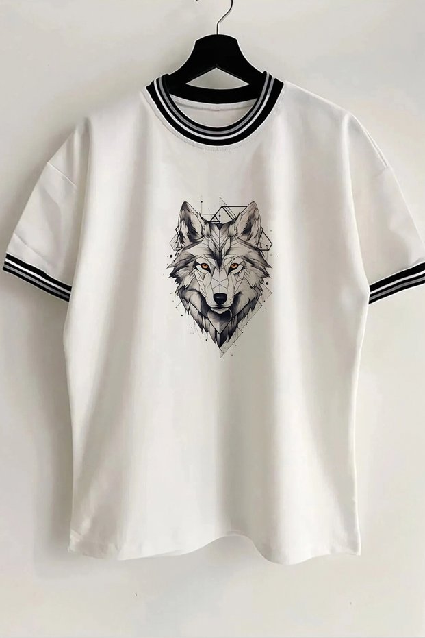 Wolf Printed New Season Collar and Sleeve Detailed Ribbed White Oversize Unisex T-shirt