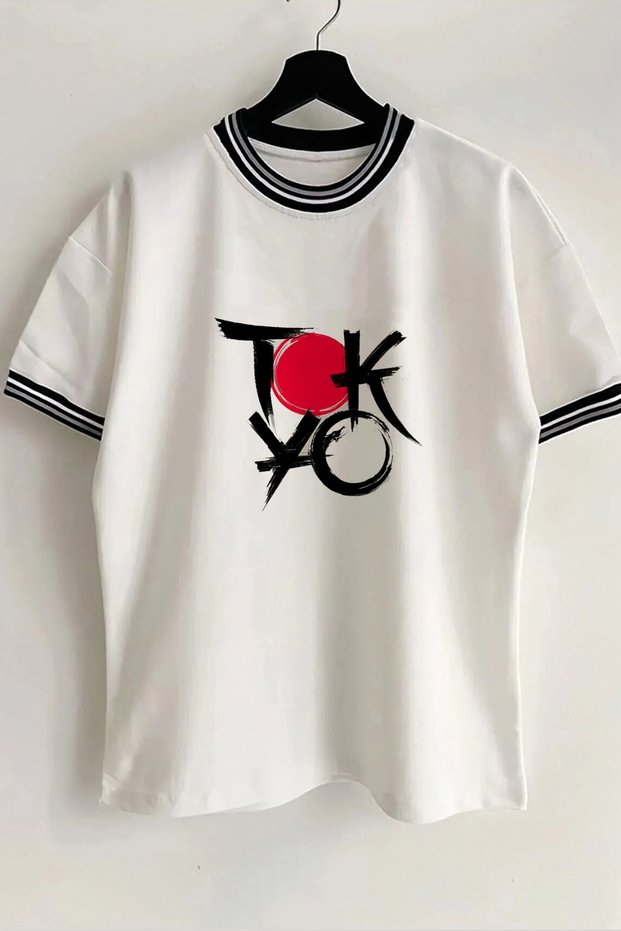 Tokyo Text Printed New Season Collar and Sleeve Detailed Ribbed White Oversize Unisex T-shirt