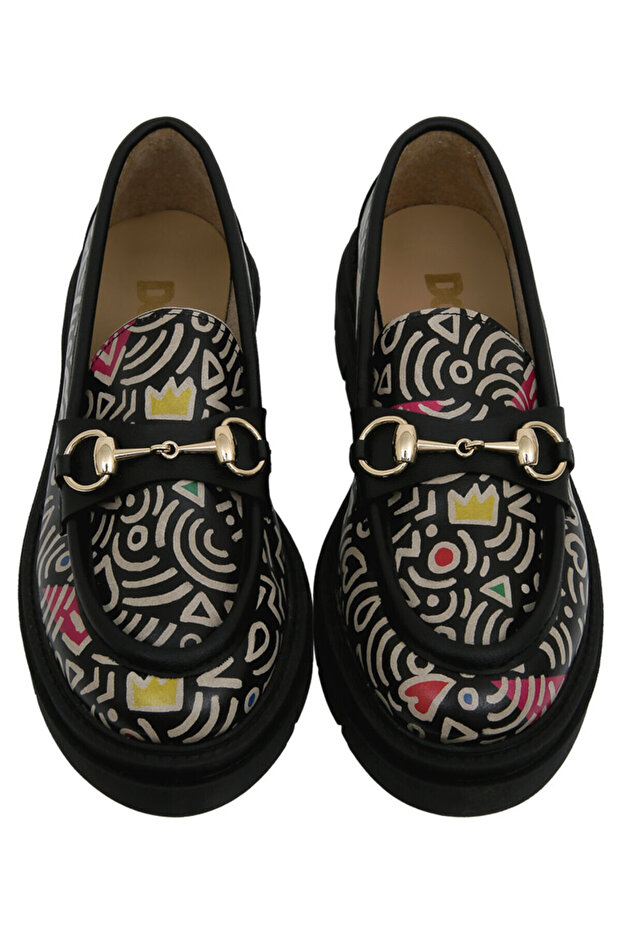 Women's Vegan Leather Multicolor Loafer - Abstract Outline Design
