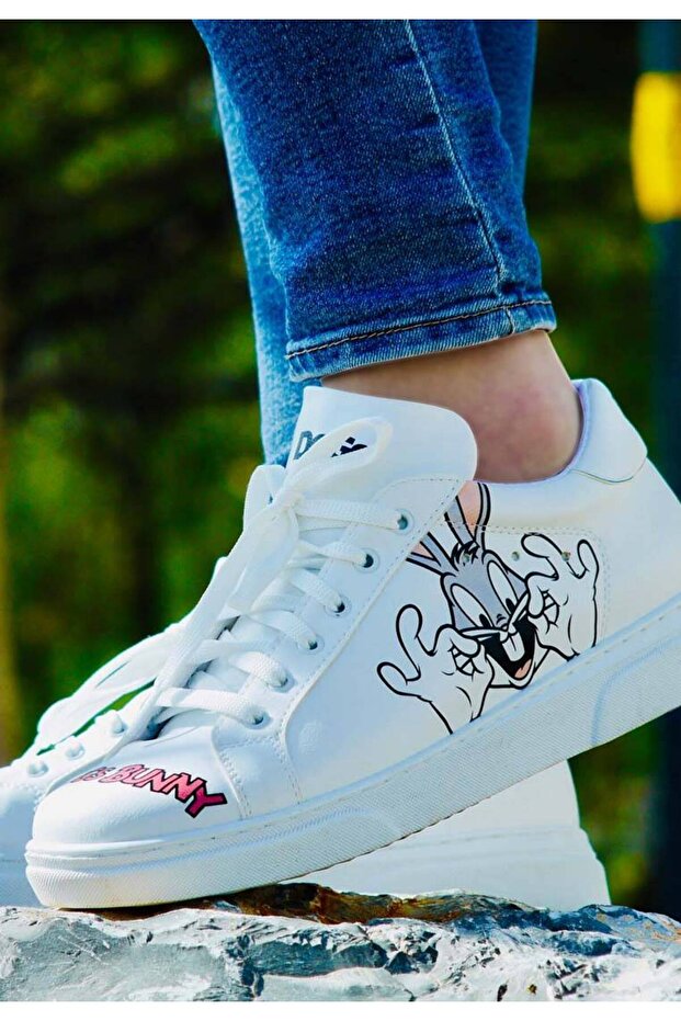 Women's Vegan Leather White Sneakers - What's Up Doc?Bugs Bunny Design
