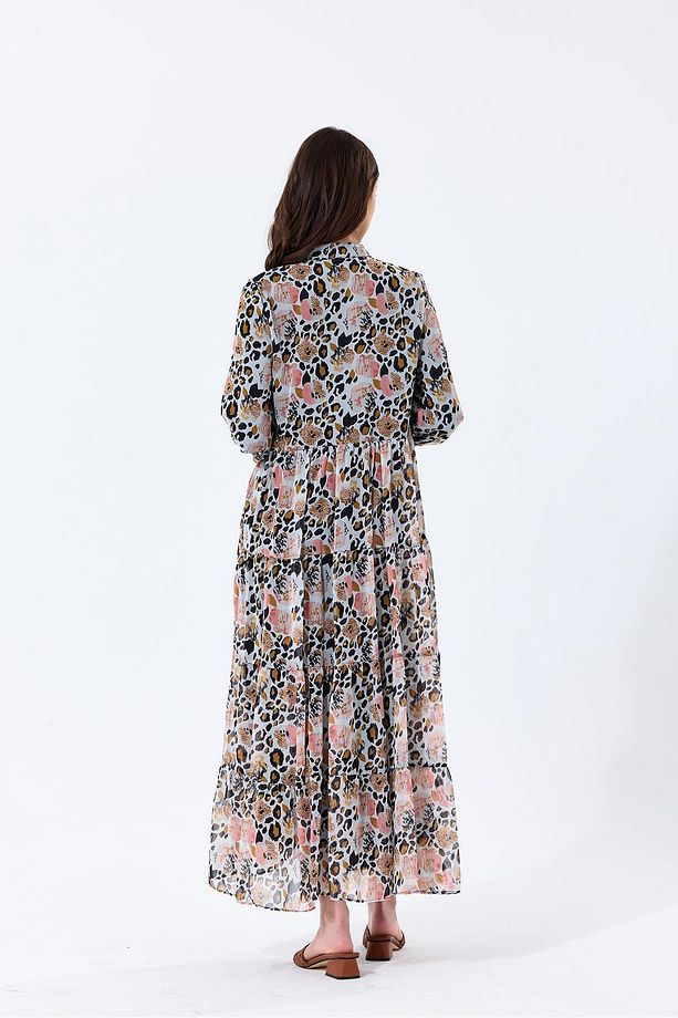 Leopar Desenli Kuşak Detaylı Astarlı Şifon Donna Elbise Kahve - 7