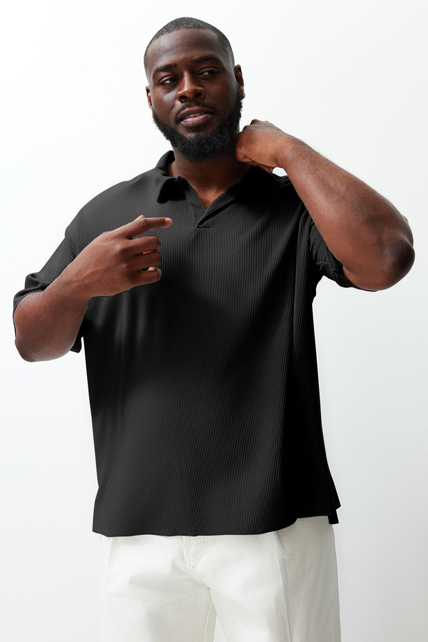 Büyük Beden Siyah Oversize Dokulu Ottoman Polo Yaka T-Shirt TMNSS24BF00047 - 4