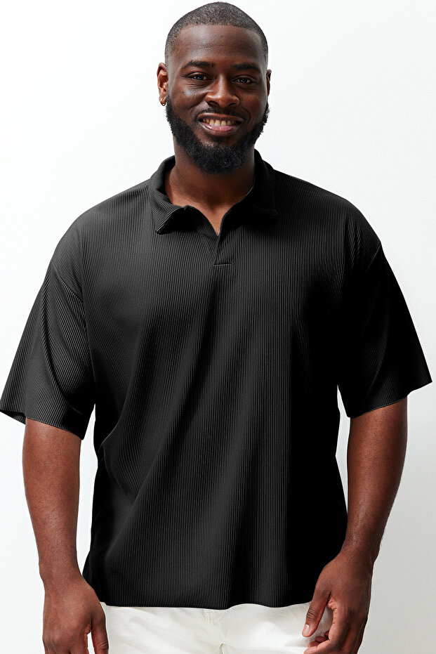 Büyük Beden Siyah Oversize Dokulu Ottoman Polo Yaka T-Shirt TMNSS24BF00047 - 3