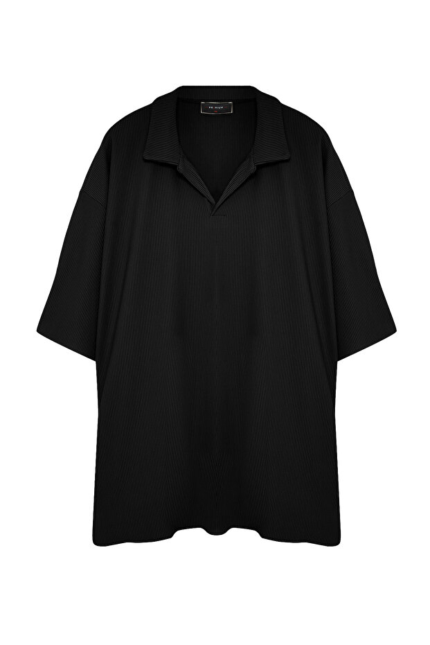 Büyük Beden Siyah Oversize Dokulu Ottoman Polo Yaka T-Shirt TMNSS24BF00047 - 7