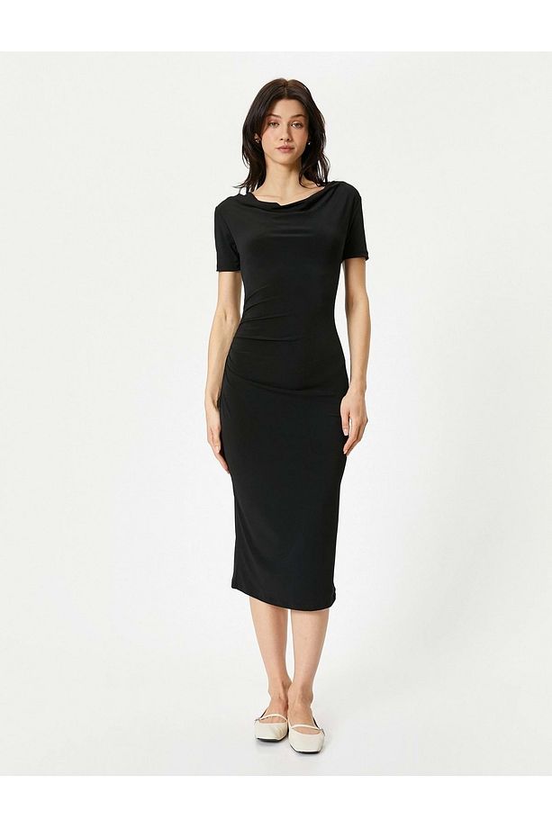 Midi Elbise Drape Yaka Kısa Kollu  - 4SAK80151EK SİYAH - 4
