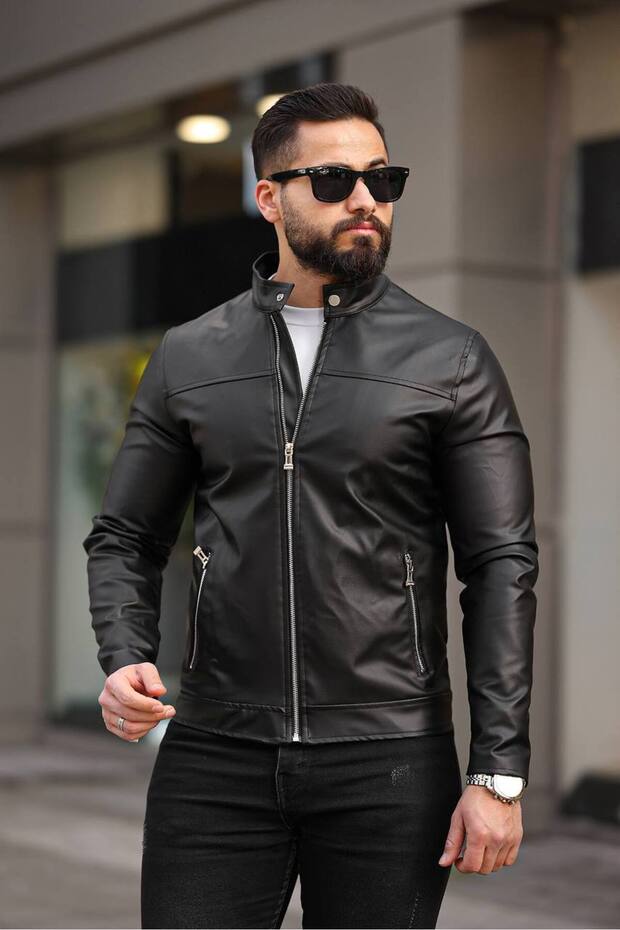 Leather Jacket with Snap Collar - 2