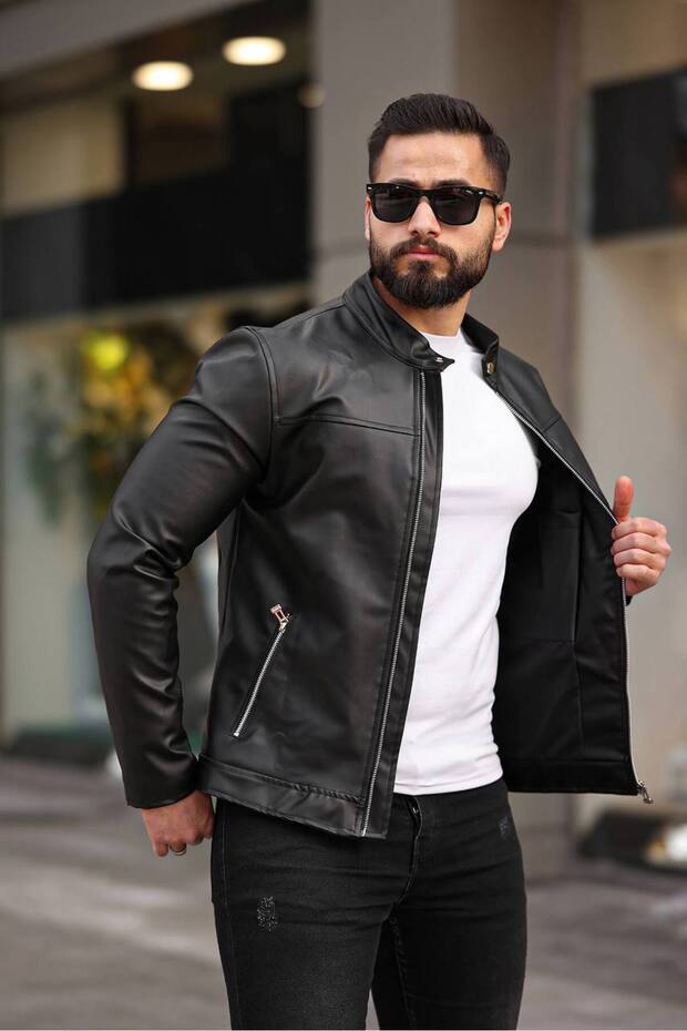 Leather Jacket with Snap Collar - 1