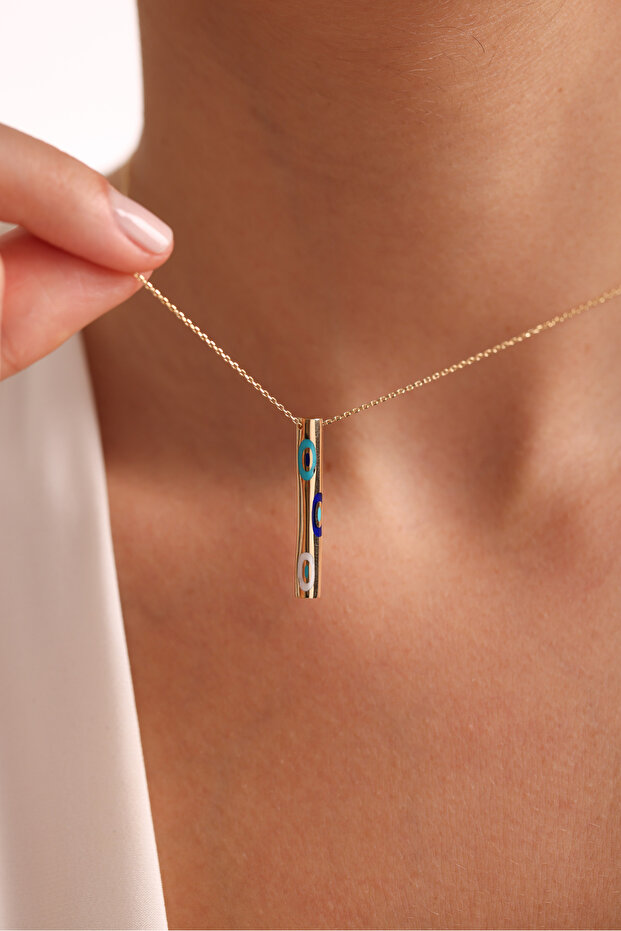 14 Ayar Altın Nazar Boncuğu Mineli Stick Çubuk Kolye - 1