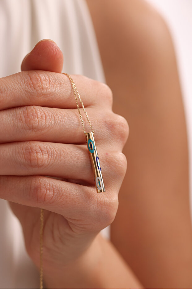 14 Ayar Altın Nazar Boncuğu Mineli Stick Çubuk Kolye - 3