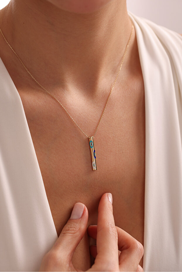 14 Ayar Altın Nazar Boncuğu Mineli Stick Çubuk Kolye - 4