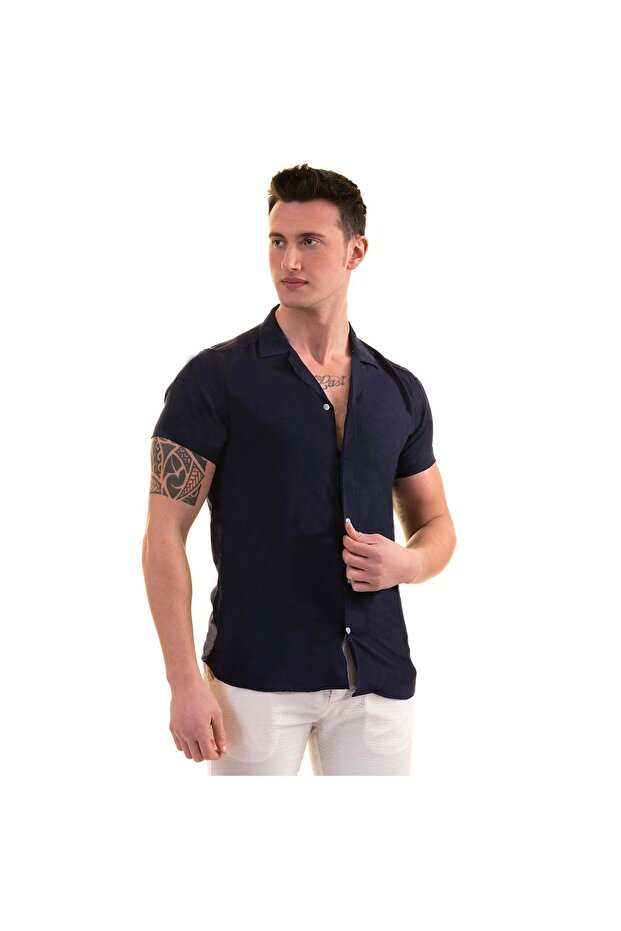 Navy Blue Plain Cotton Breathable Hawaiian Open Neck Short Sleeve Summer Shirt