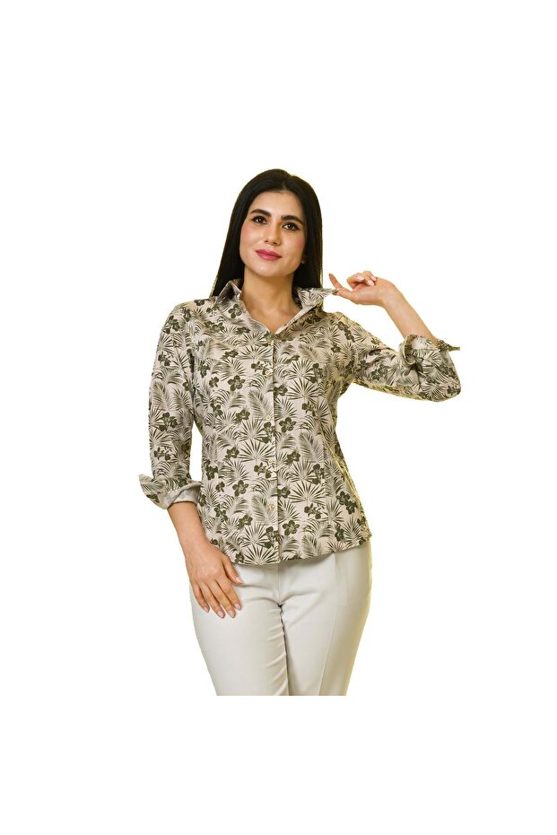 Khaki Beige Floral Women's Shirt