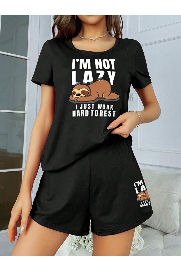 Women's Black I Am Not Lazy Printed Oversize Shorts T-shirt Cotton Pajama Set