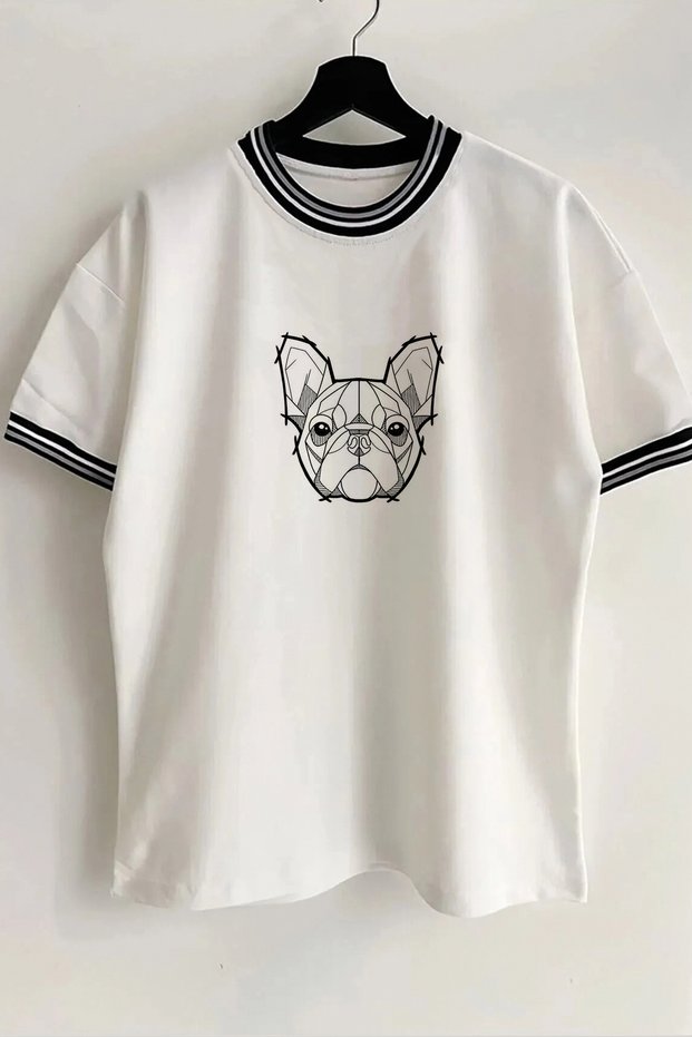 Bulldog Printed New Season Collar and Sleeve Detailed Ribbed White Oversize Unisex T-shirt